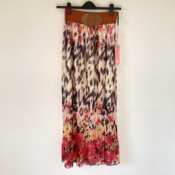 BNWT Wewa Women's Coral/Brown Floral Elasticated Waist Maxi Chiffon Skirt Sz 12 - Picture 10 of 16
